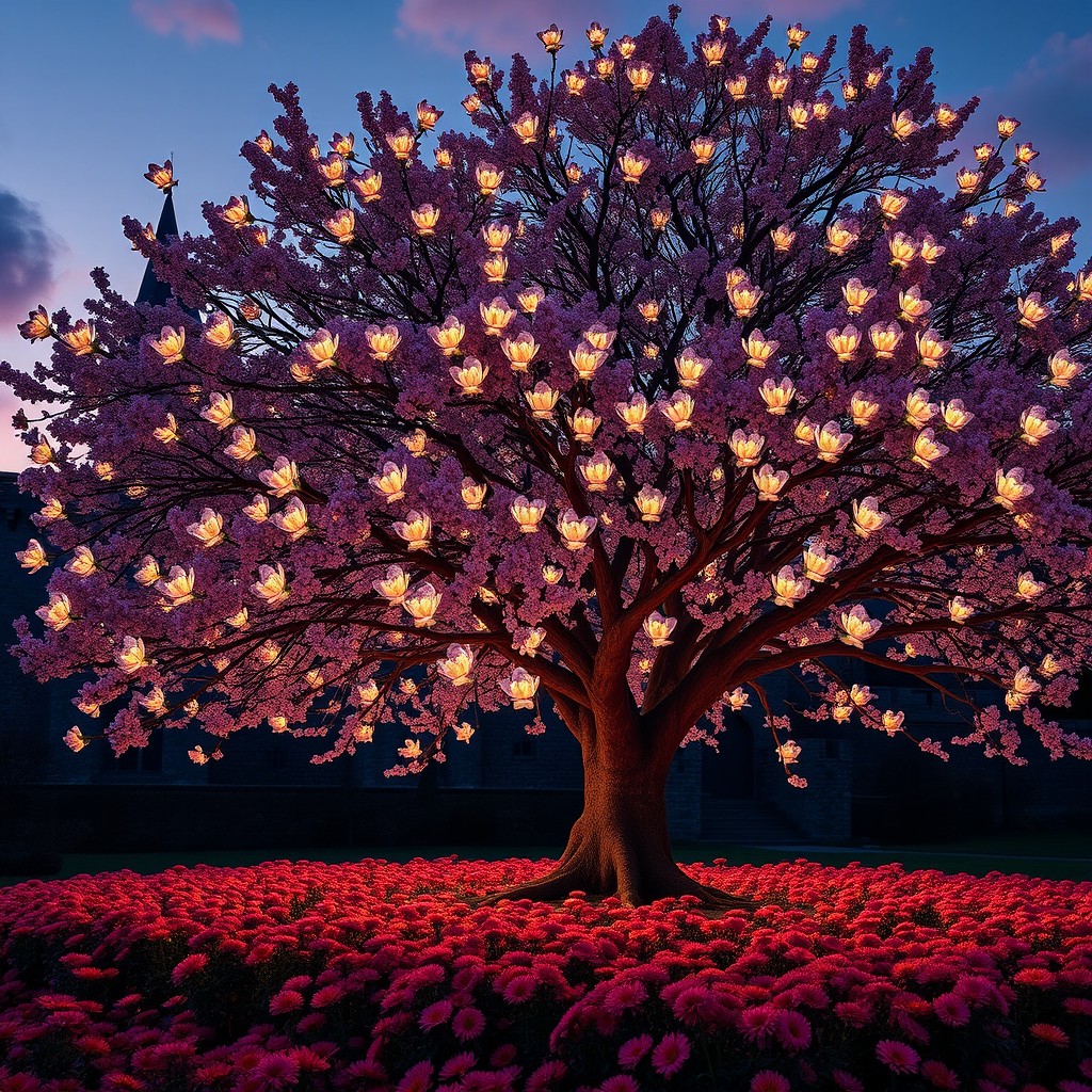 At twilight dawn, a majestic tree blooms with unique glowing flowers, set against the backdrop of a medieval castle