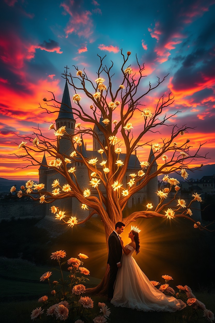 A medieval castle set against a stunning sunset, with vibrant colors illuminating the sky
