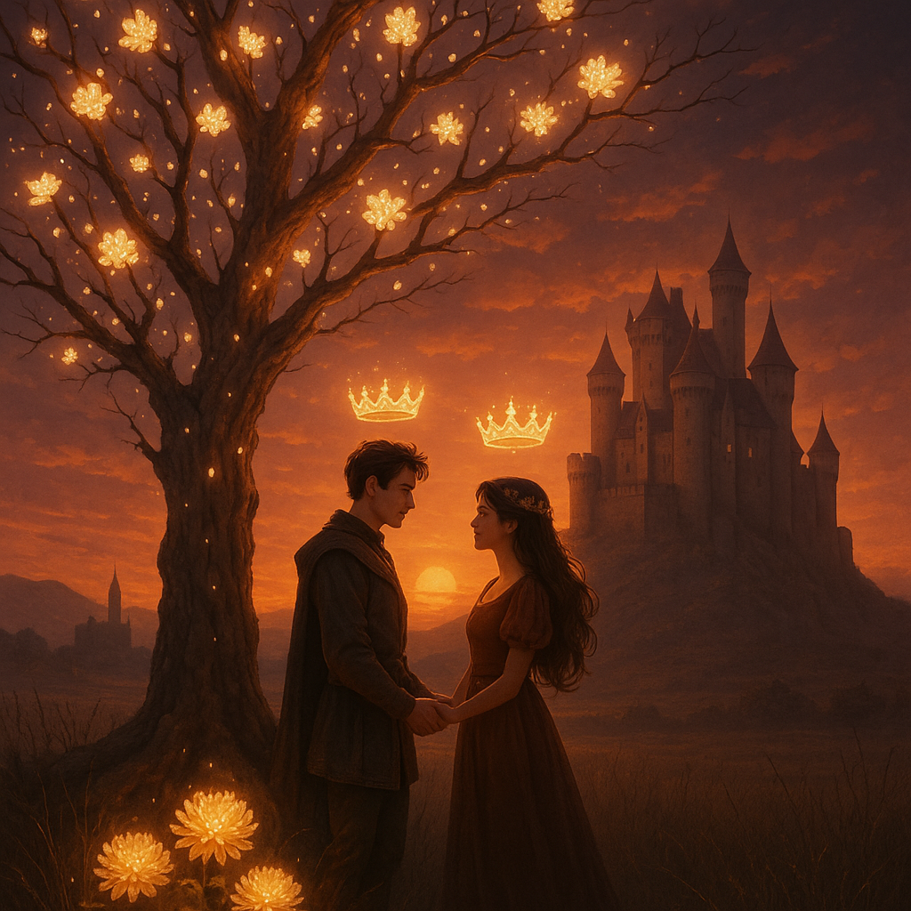 A medieval castle silhouetted against a sunset, with a dry tree adorned with glowing flowers in the foreground