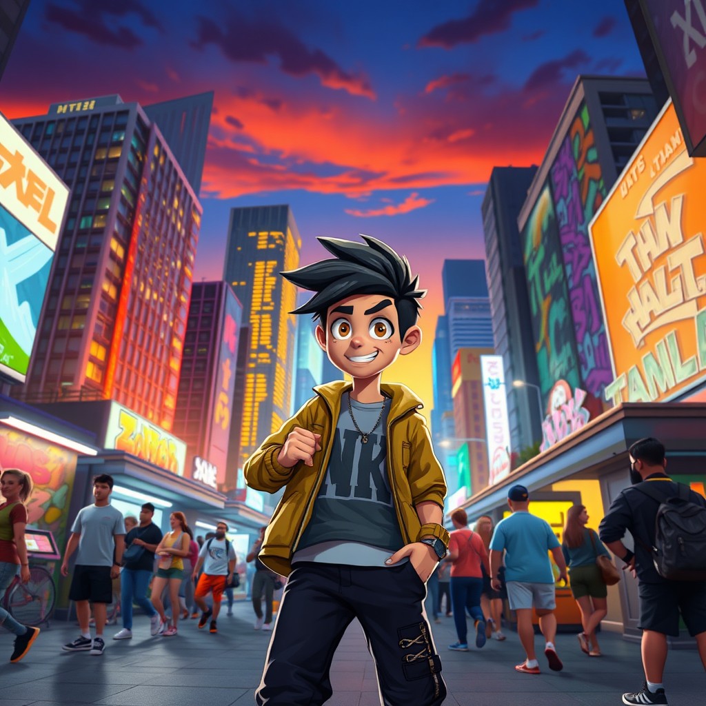 A vibrant and animated scene featuring a character named Mo, surrounded by a bustling cityscape at twilight