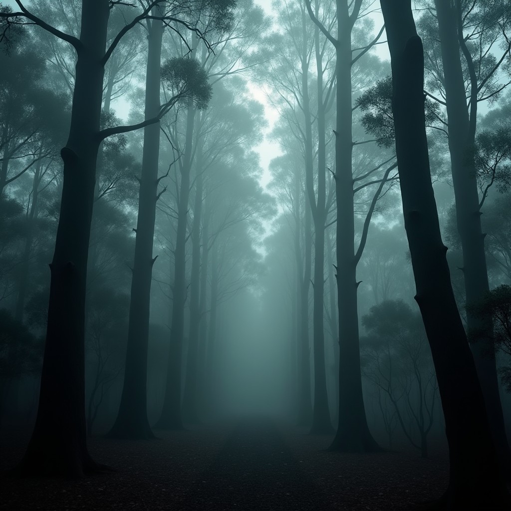 A misty eucalyptus forest shrouded in fog, creating an eerie and unsettling atmosphere
