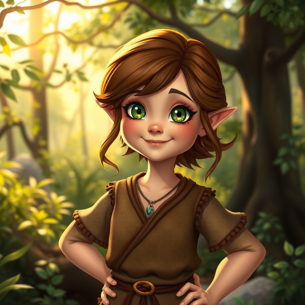 A whimsical portrait of a 35-year-old female halfling, featuring chestnut brown hair styled in loose waves, vibrant green eyes that sparkle with curiosity, and smooth peach-colored skin