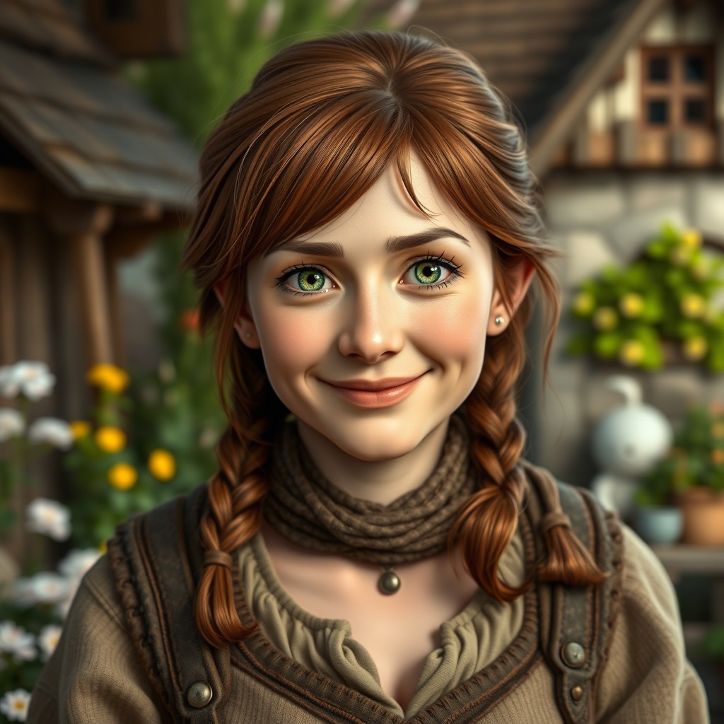 A portrait of a middle-aged female halfling, featuring chestnut brown hair styled in a practical manner, showcasing her vibrant green eyes