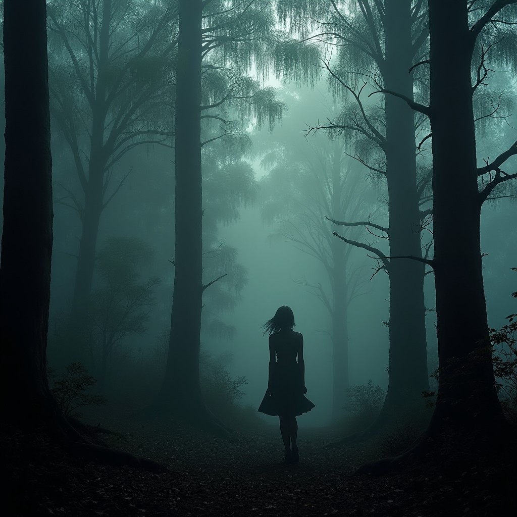 A misty eucalyptus forest shrouded in fog, creating an eerie and unsettling atmosphere