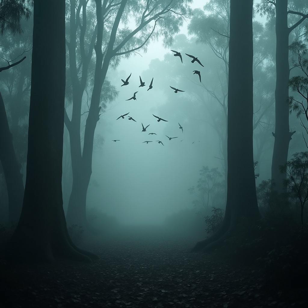A misty eucalyptus forest shrouded in fog, creating an eerie and unsettling atmosphere