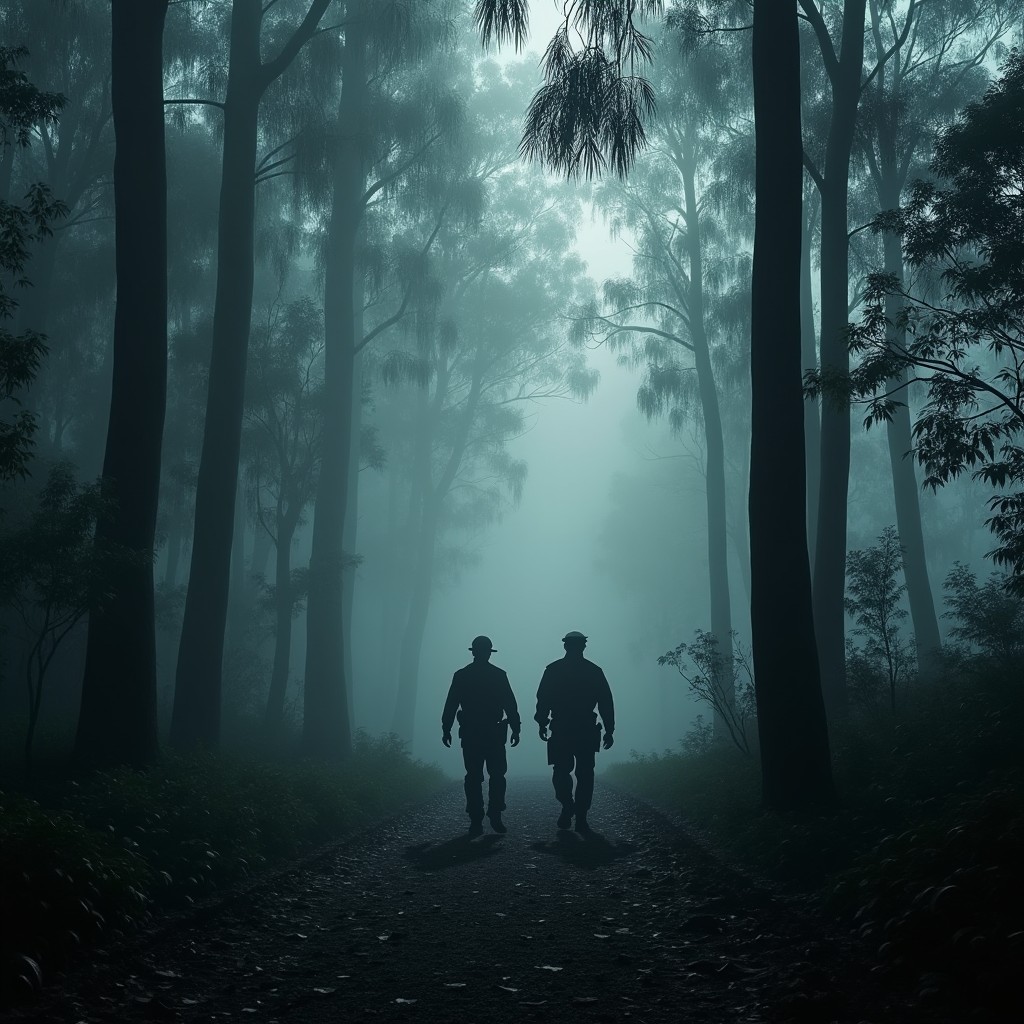 A misty eucalyptus forest shrouded in fog, creating an eerie and unsettling atmosphere