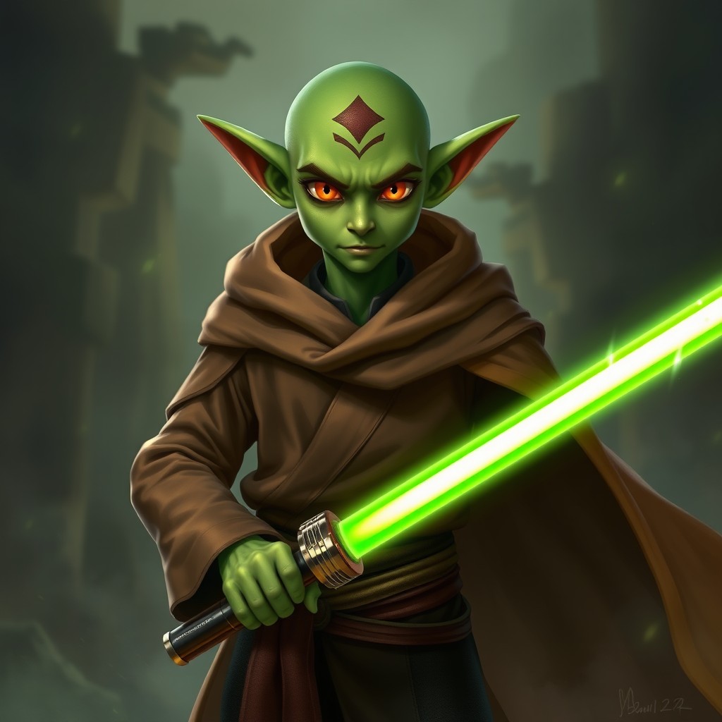A wise character with vibrant green skin and striking orange-yellow eyes