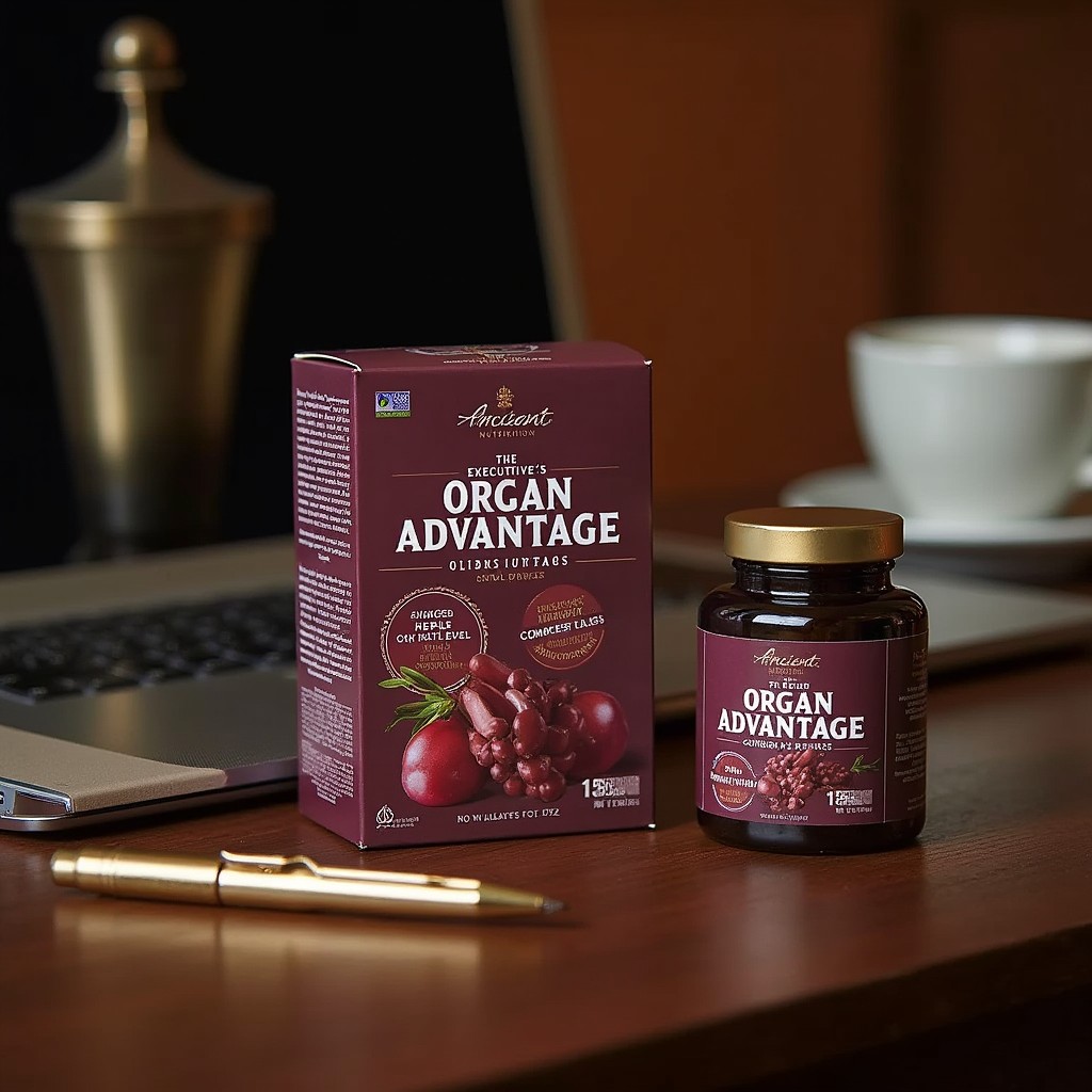 A sophisticated display of 'The Executive's Organ Advantage' by Ancient Nutrition, creatively showcasing a premium box of organ supplements designed for busy professionals and elite athletes