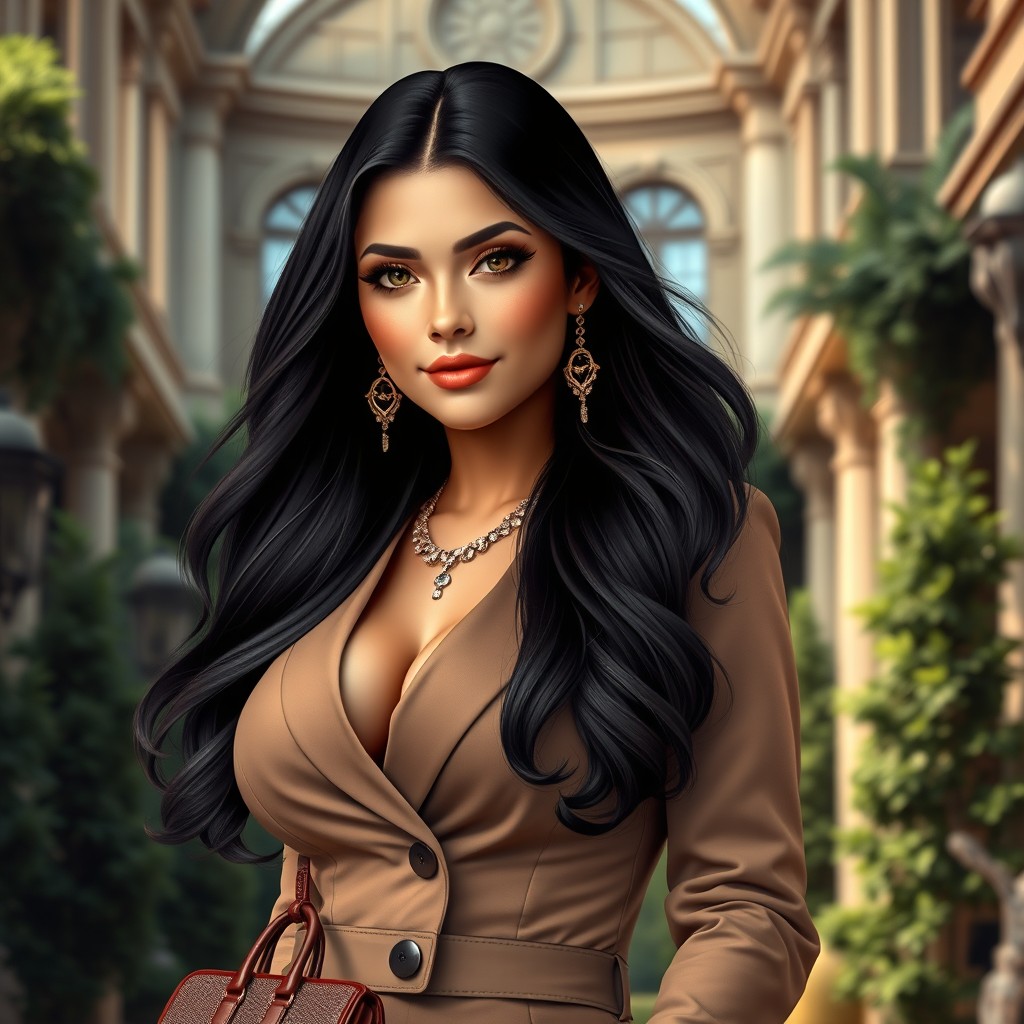 A hyper-realistic portrait of a very beautiful and wealthy university girl with a curvy silhouette