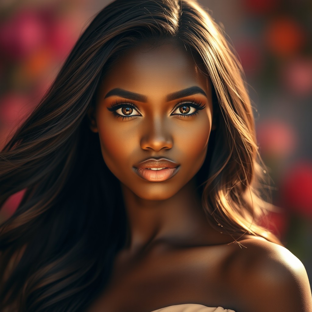 A stunning portrait of a beautiful dark-skinned woman, exuding confidence and grace