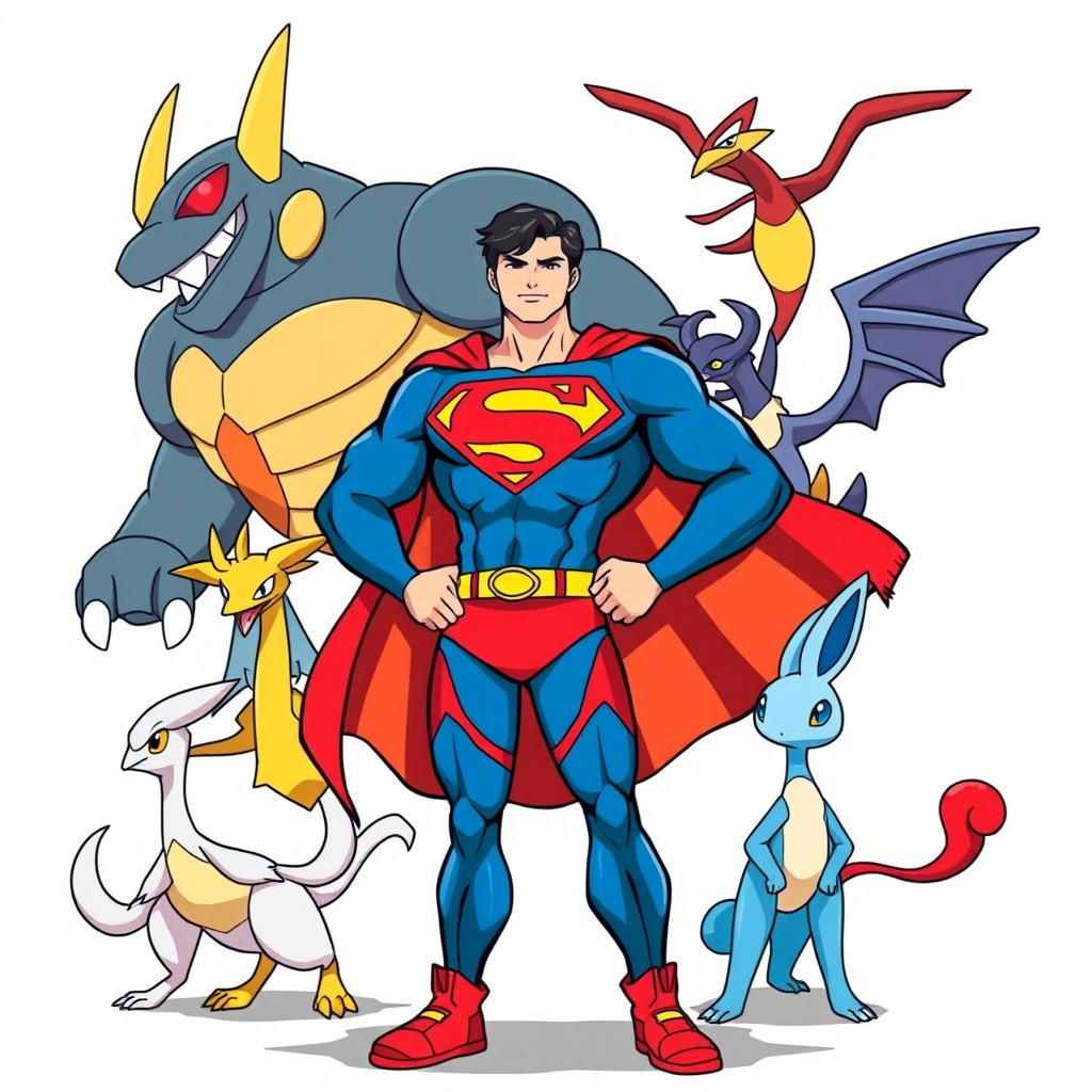 A stylized image of Superman depicted as a Pokémon trainer, dressed in a vibrant blue training tunic with striking red and yellow details, complete with a flowing cape