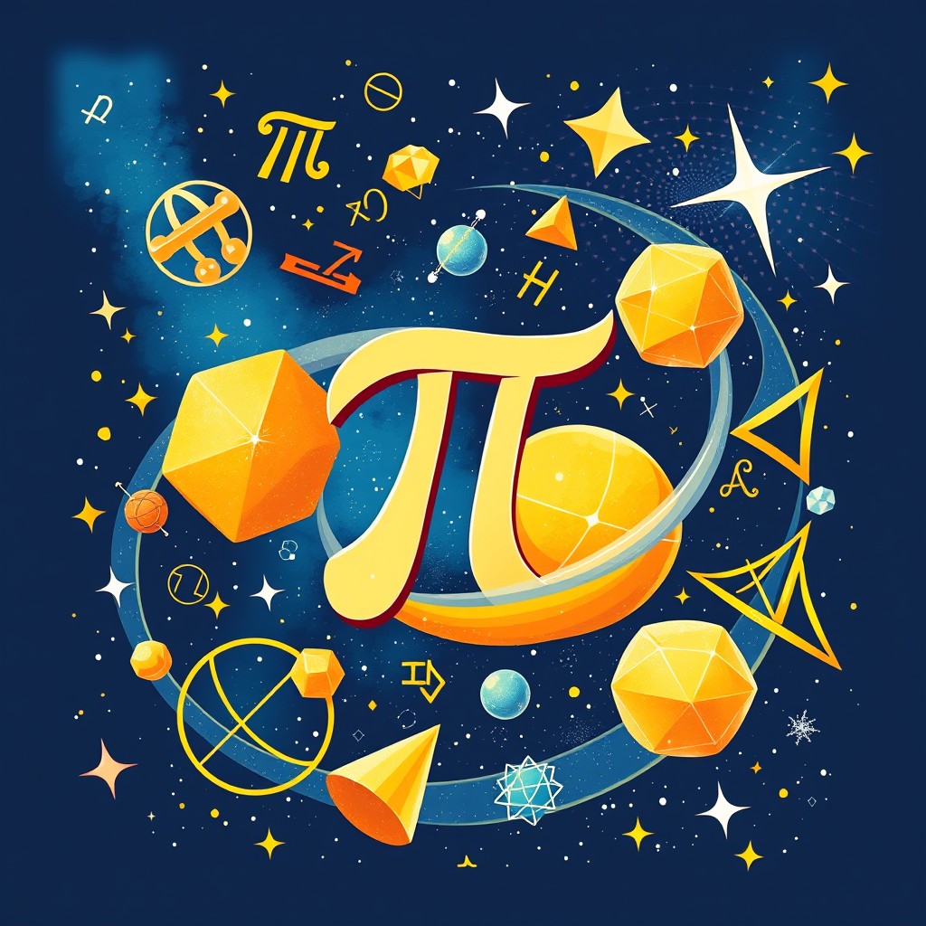 A beautifully illustrated representation of mathematics, showcasing various mathematical symbols like pi, integral signs, and geometric shapes like spheres and triangles swirling together