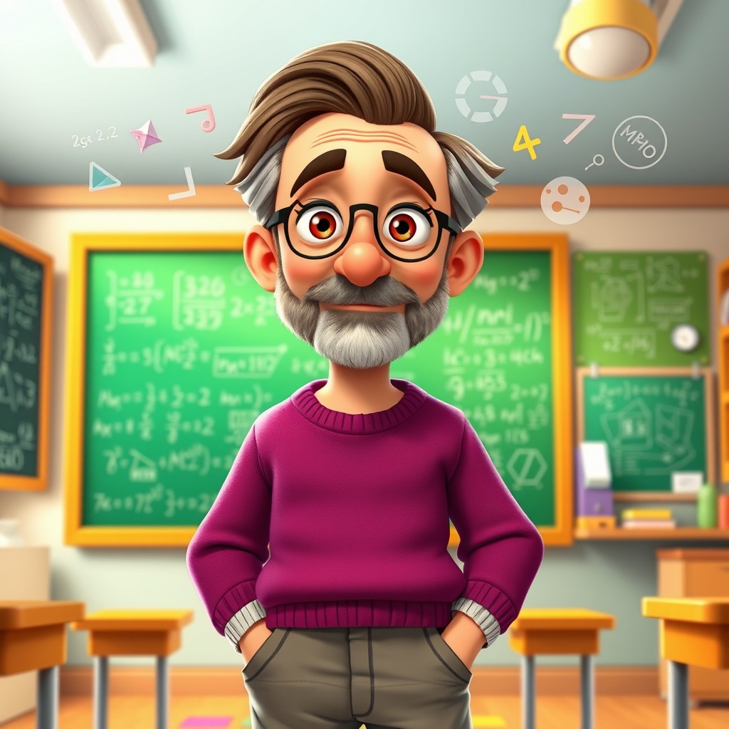 A cartoon character of a wise and approachable older male mathematician with brown hair and a short beard, wearing smart-casual colorful clothes like a soft sweater and relaxed pants