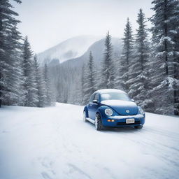 An indigo blue Volkswagen New Beetle blanketed in fresh snow, abandoned on a winding mountain road.