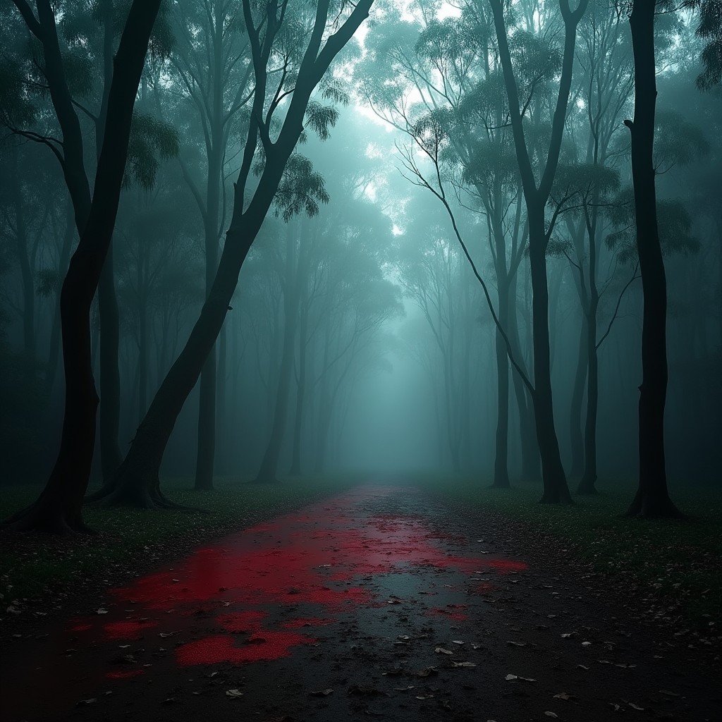 A clearing in a misty eucalyptus forest, with a dark and eerie atmosphere suggesting a recent crime scene