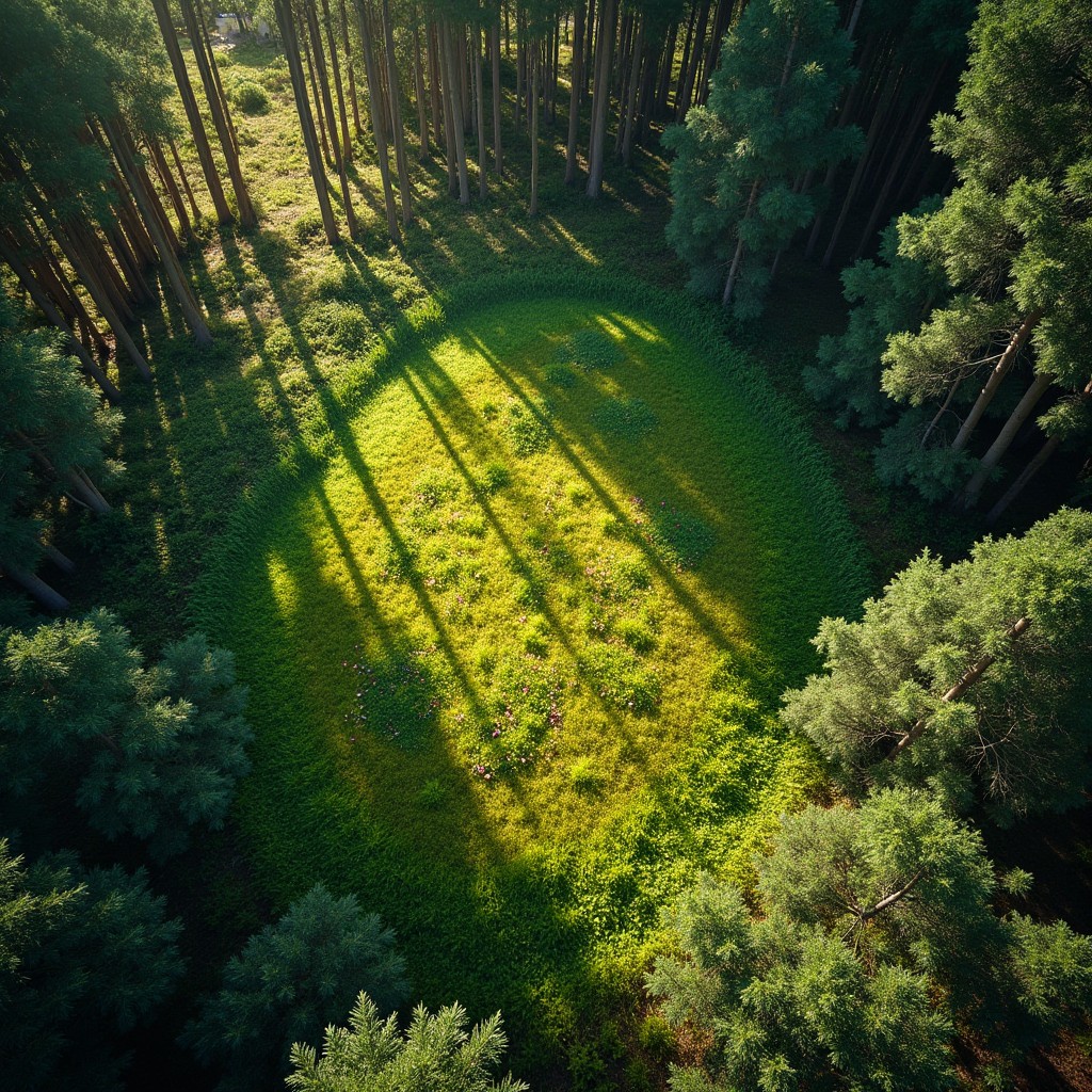 An overhead view of a serene clearing in a eucalyptus forest, showcasing a vibrant patch of greenery surrounded by tall, slender trees