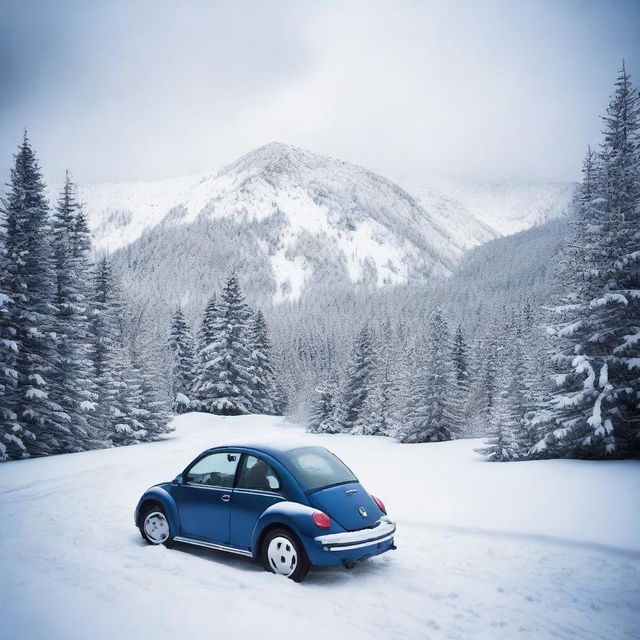 An indigo blue Volkswagen New Beetle blanketed in fresh snow, abandoned on a winding mountain road.