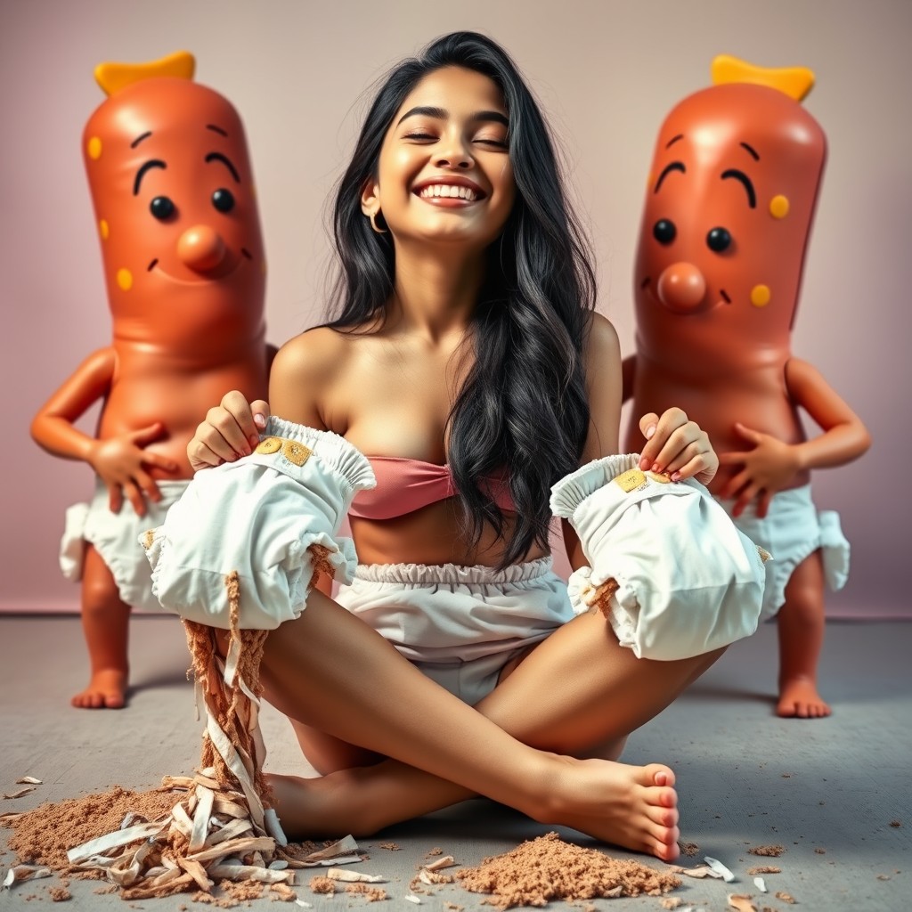 A whimsical scene featuring a hot Pakistani girl who is 18 years old, sitting comfortably in a criss-cross position with a joyful smile, her eyes closed in happiness
