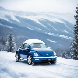 An indigo blue Volkswagen New Beetle blanketed in fresh snow, abandoned on a winding mountain road.