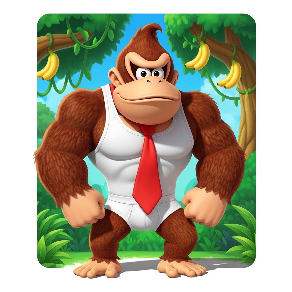 Donkey Kong, the iconic video game character, depicted in a fun and playful style, wearing a snug white tank top and white underwear