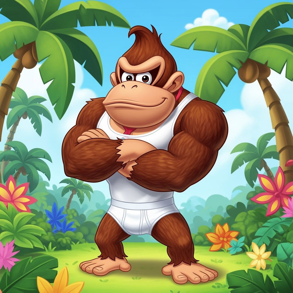 Donkey Kong, the iconic video game character, depicted in a playful and vibrant cartoon style, wearing a snug white tank top and white underwear