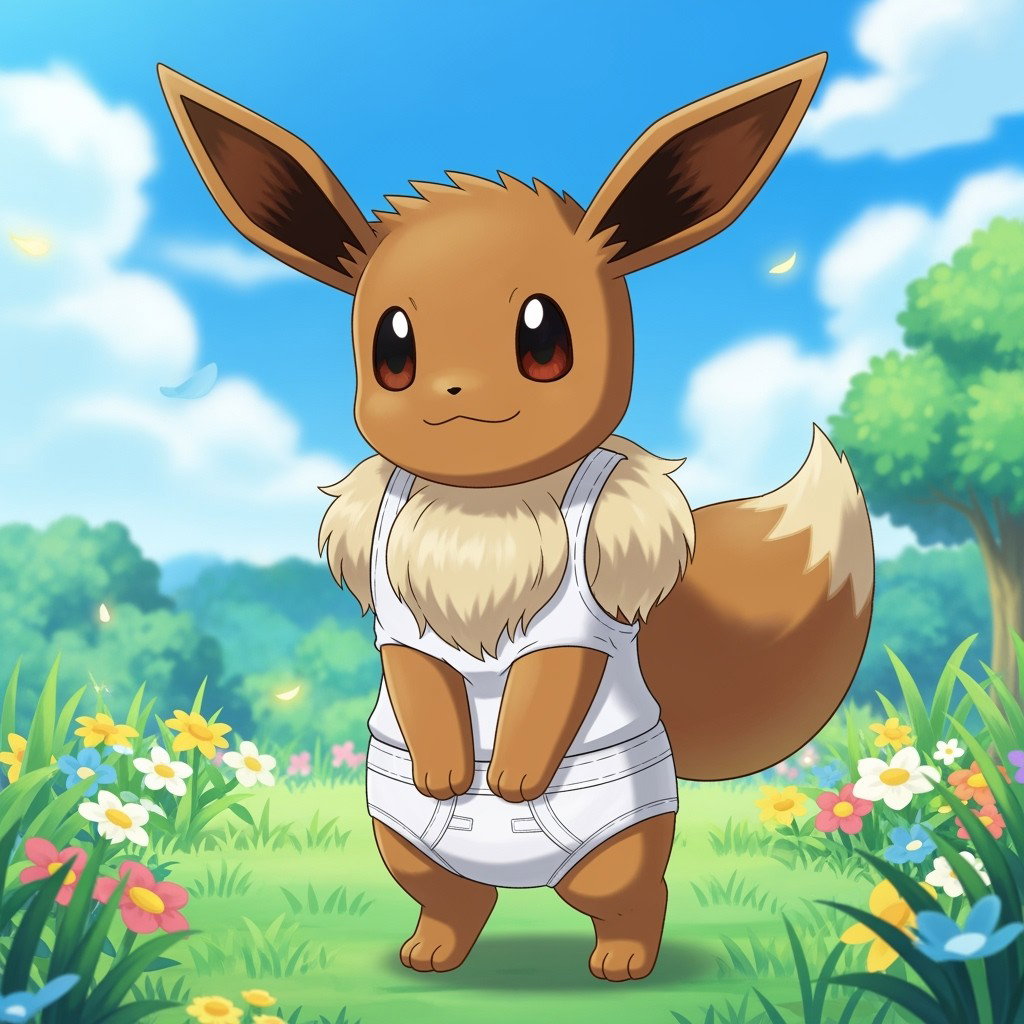 A cute male Eevee, the adorable Normal-type Pokémon, depicted in a charming and playful style, wearing a snug white tank top and white underwear