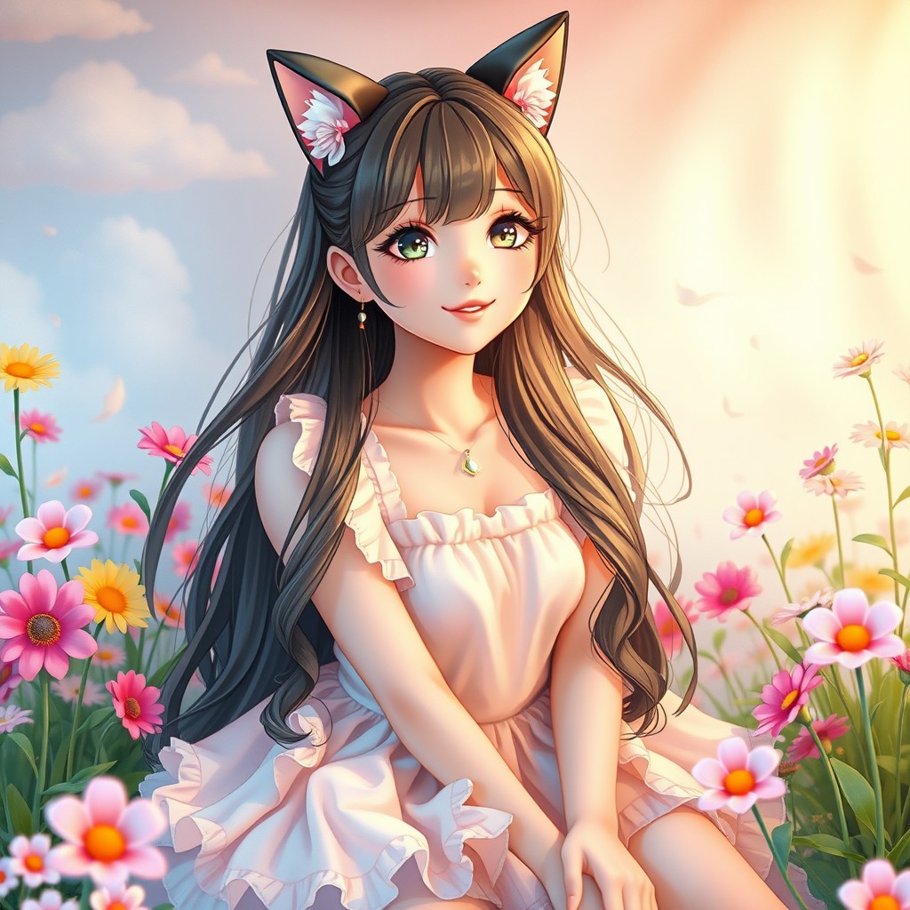 A young woman with playful cat ears, sitting in a whimsical setting adorned with colorful flowers and soft pastel colors