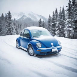 An indigo blue Volkswagen New Beetle blanketed in fresh snow, abandoned on a winding mountain road.