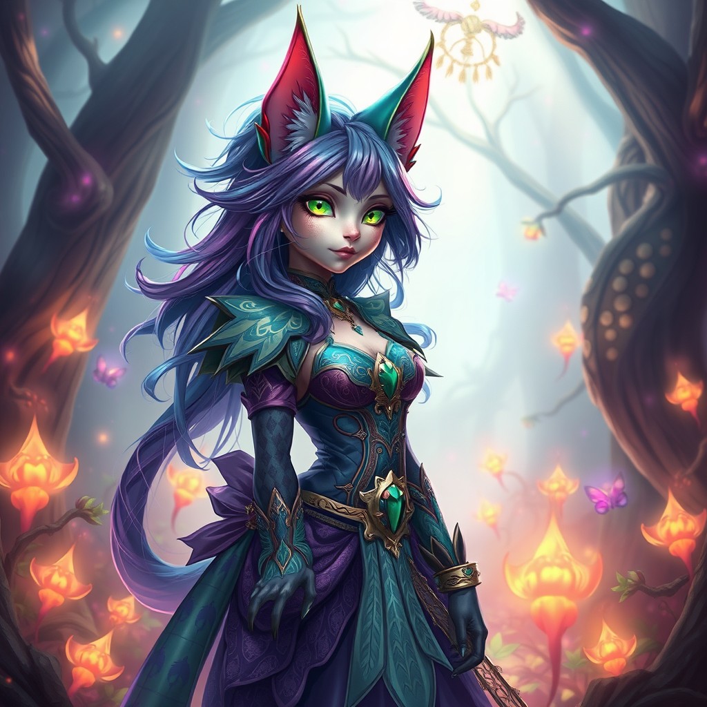 A stunning fantasy catgirl with vibrant, fluffy ears and a long, sleek tail, adorned with intricate patterns
