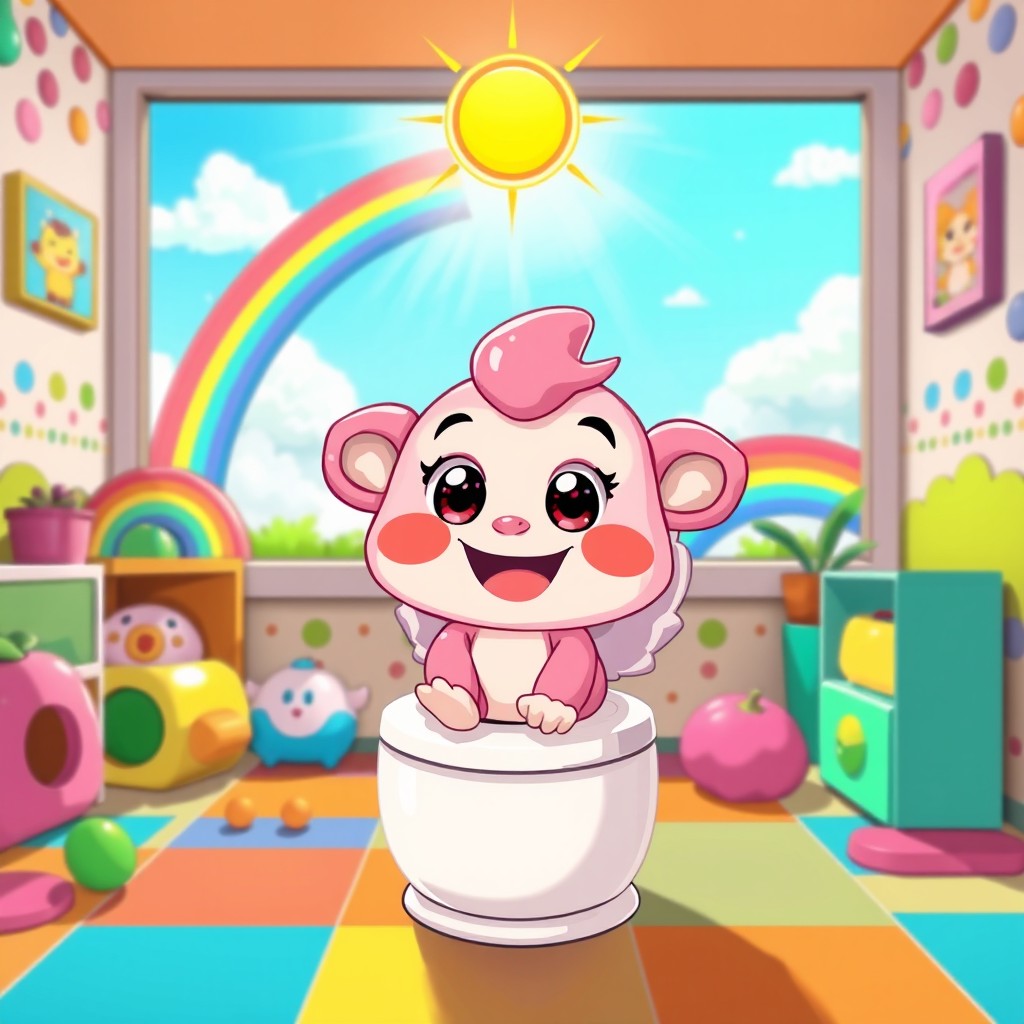 A whimsical and colorful illustration of a playful cartoon character, resembling a small, cheerful creature, sitting on a potty