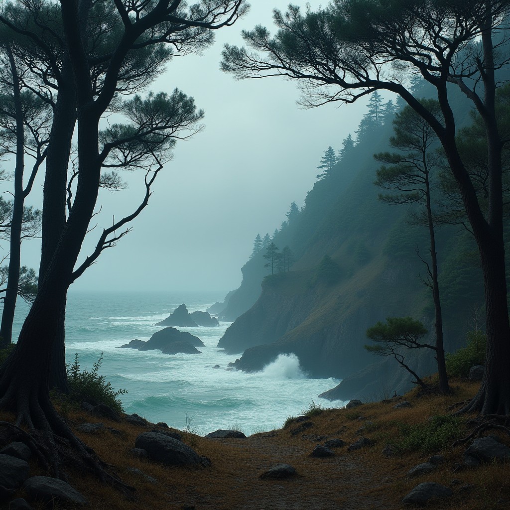 A suspenseful clearing that abruptly ends in a steep cliff, overlooking a vast and turbulent ocean below