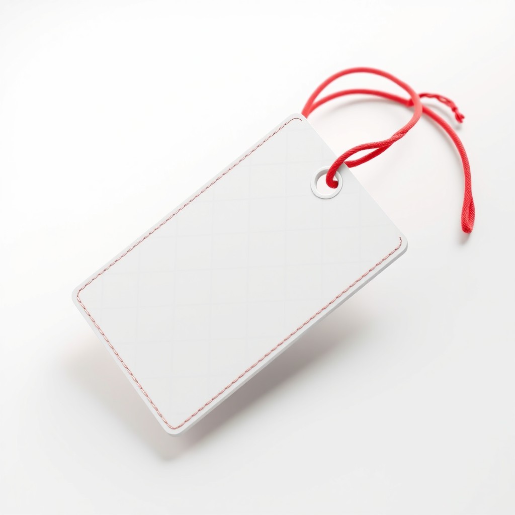 A realistic 3D render of a rectangular clothing tag suspended by a thin red string tied at the top