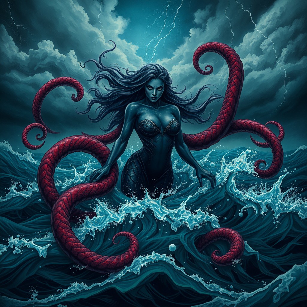 A dark siren emerging majestically from the churning sea, surrounded by an array of swirling, vibrant tentacles that stretch out into the stormy atmosphere