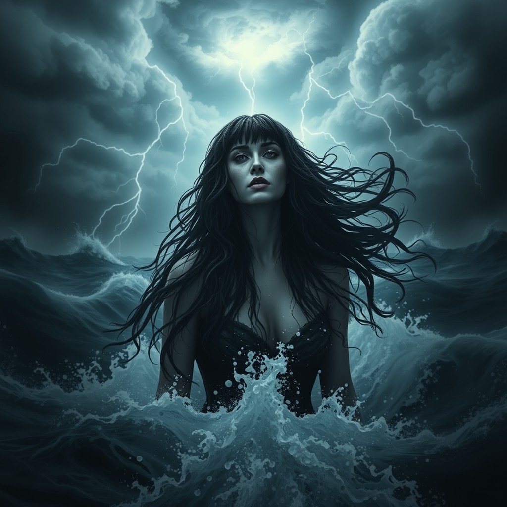 A dark siren rising majestically from the stormy sea, her wet hair cascading around her like dark tendrils