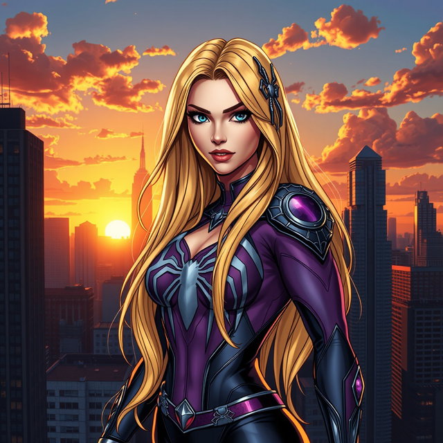 A beautiful and artistic depiction of Gwen Stacy, a superheroine character with long blonde hair, wearing intricate spider-themed accessories