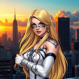 A beautiful and artistic depiction of Gwen Stacy, a superheroine character with long blonde hair, wearing intricate spider-themed accessories