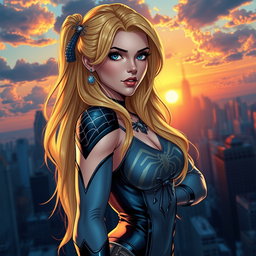 A beautiful and artistic depiction of Gwen Stacy, a superheroine character with long blonde hair, wearing intricate spider-themed accessories