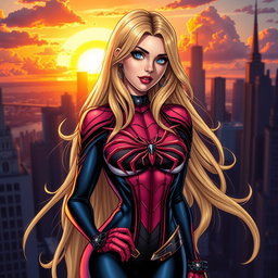A beautiful and artistic depiction of Gwen Stacy, a superheroine character with long blonde hair, wearing intricate spider-themed accessories