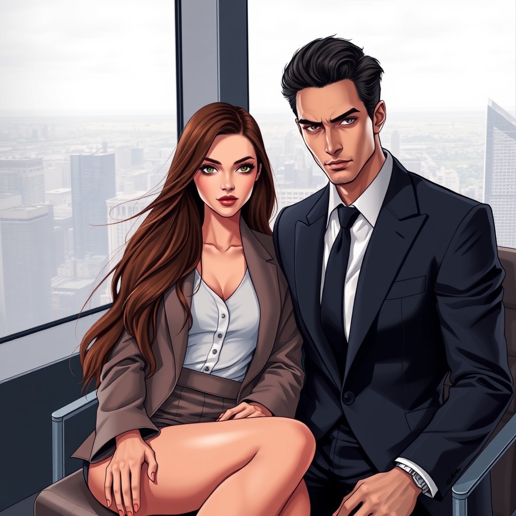 A beautiful calm girl with long flowing hair, dressed in a stylish outfit that reflects modern fashion, sitting in a sleek, high-rise office