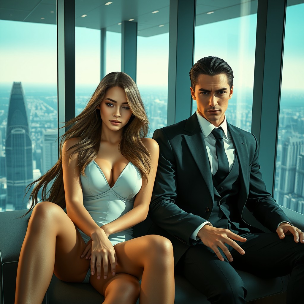 A beautiful calm girl with long, flowing hair, dressed in a chic, modern outfit, sitting gracefully in a luxurious high-rise office
