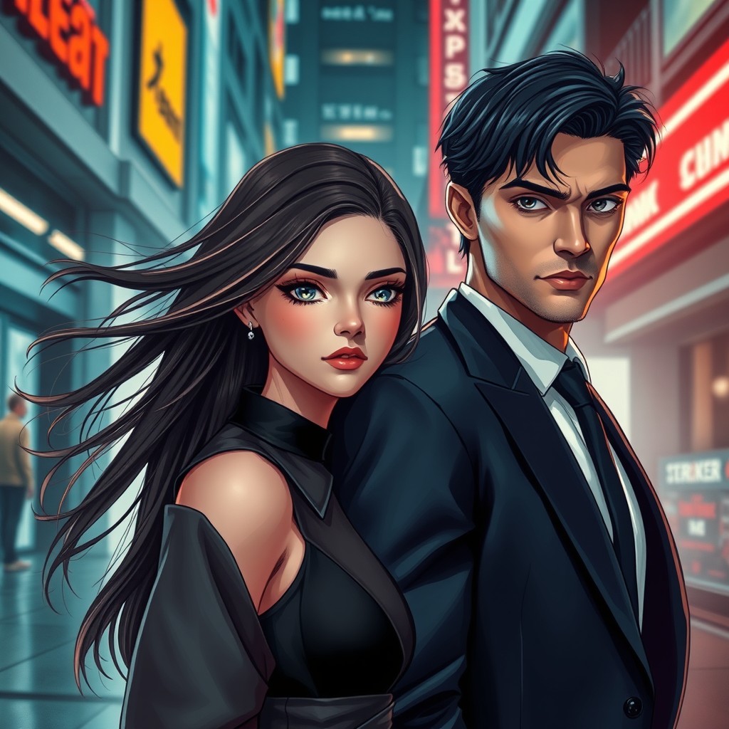 A beautiful calm girl with flowing hair and a serene expression, dressed in a stylish, contemporary outfit, portrayed in a modern alternate universe