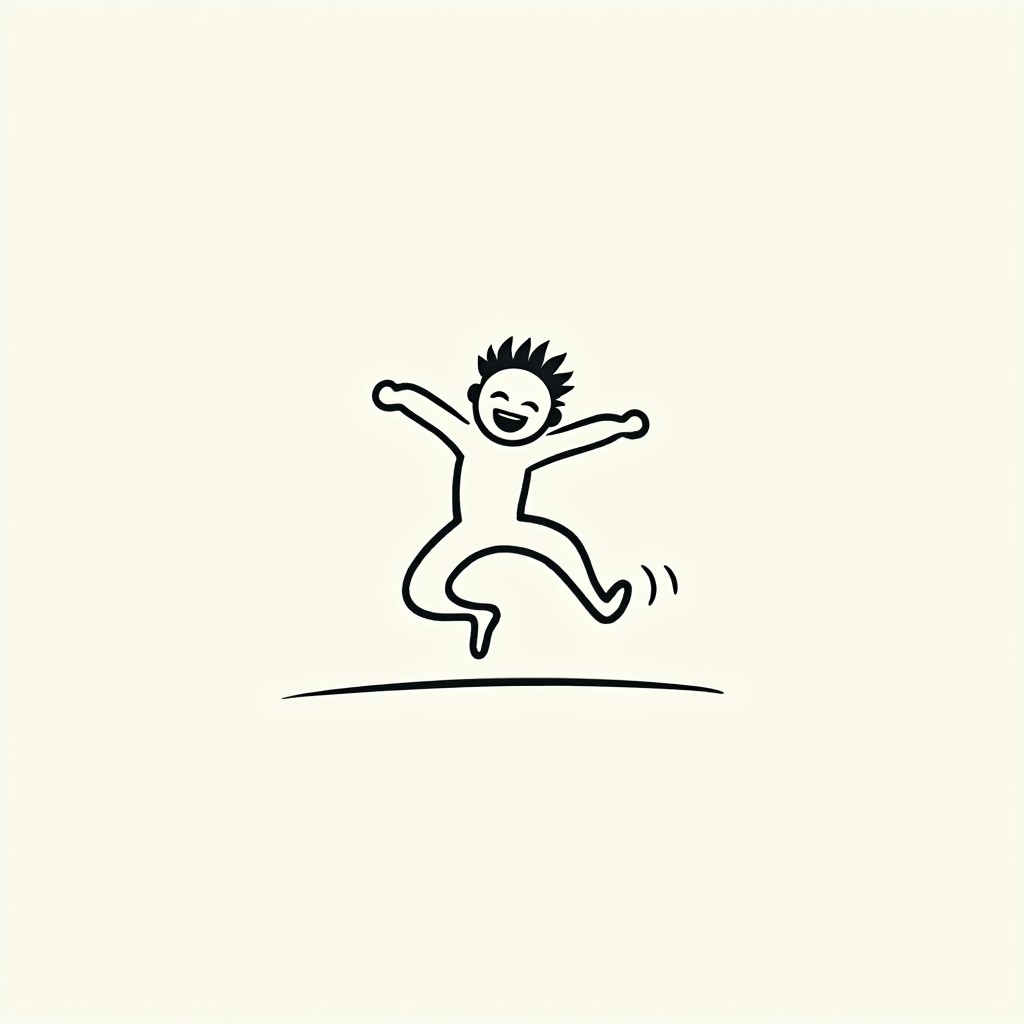 An abstract, minimalist line art representation of a joyful figure in mid-jump