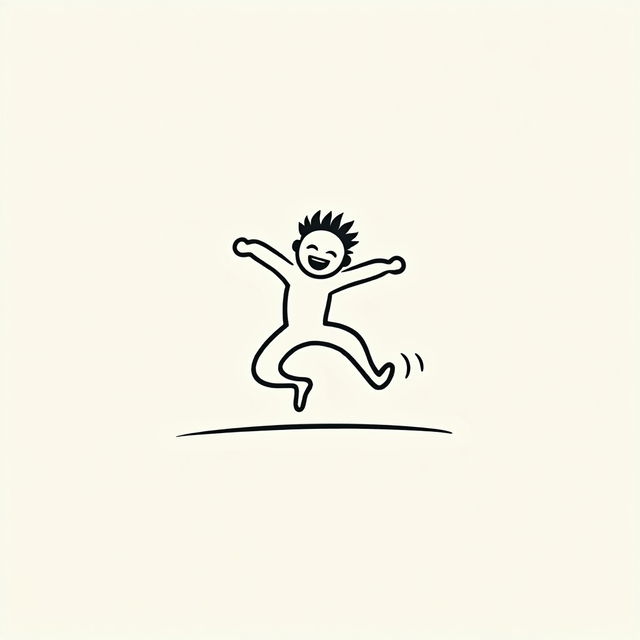 An abstract, minimalist line art representation of a joyful figure in mid-jump