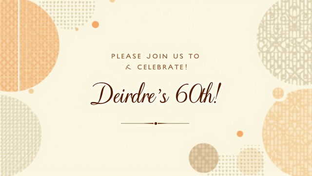 A sophisticated sixties-style birthday invitation featuring a subtle background with soft, elegant patterns inspired by retro designs, incorporating interlocking circles and gentle curves in muted hues of orange, cream, and brown