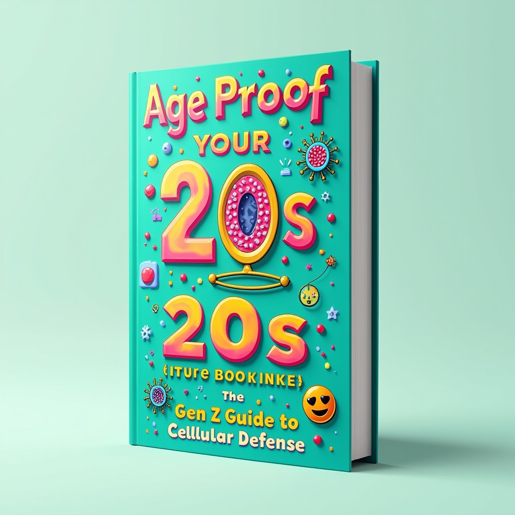 A visually engaging book cover for 'Age-Proof Your 20s: The Gen Z Guide to Cellular Defense'