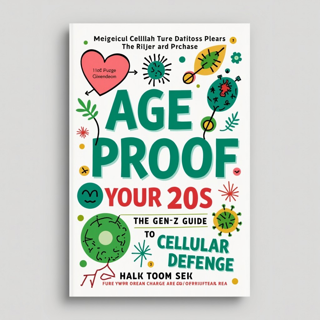 A visually striking book cover for 'Age-Proof Your 20s: The Gen Z Guide to Cellular Defense'