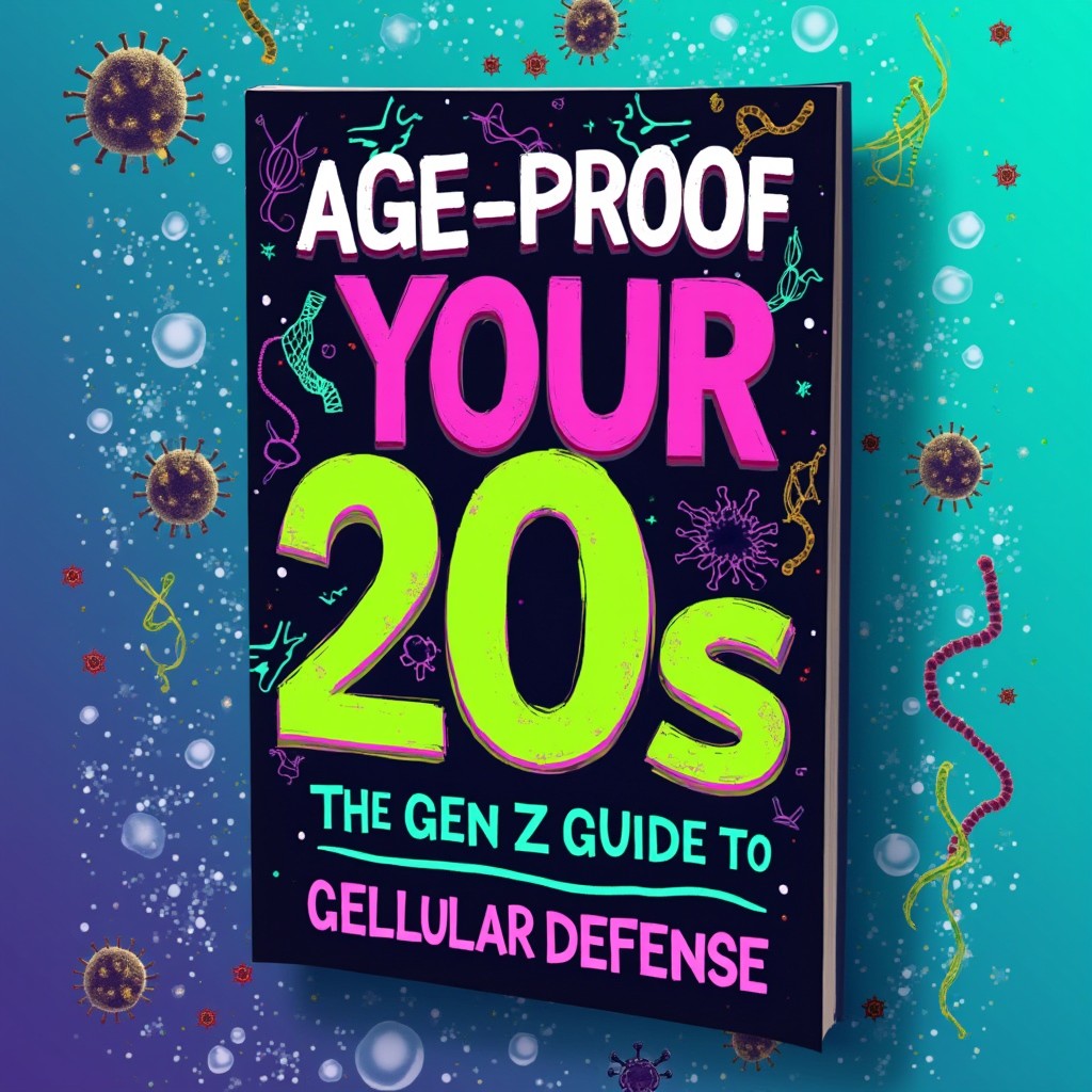A dynamic and captivating book cover for 'Age-Proof Your 20s: The Gen Z Guide to Cellular Defense'