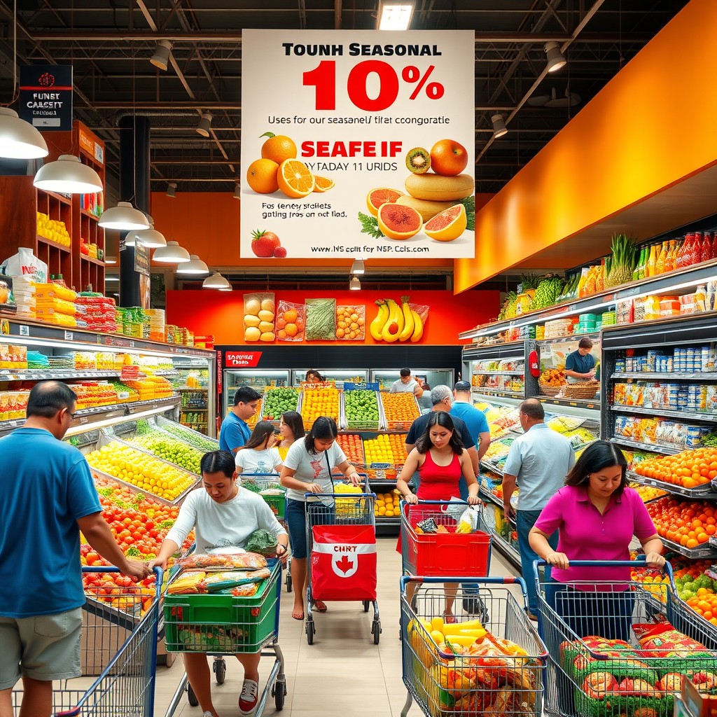 A vibrant and bustling supermarket scene filled with a variety of colorful fruits, vegetables, and packaged goods