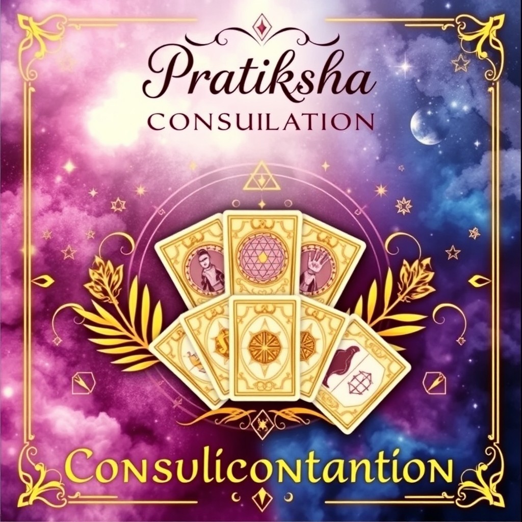 A beautifully designed mystical consultation card for Pratiksha, featuring elements of numerology, astrology, Vastu, palmistry, and tarot card reading