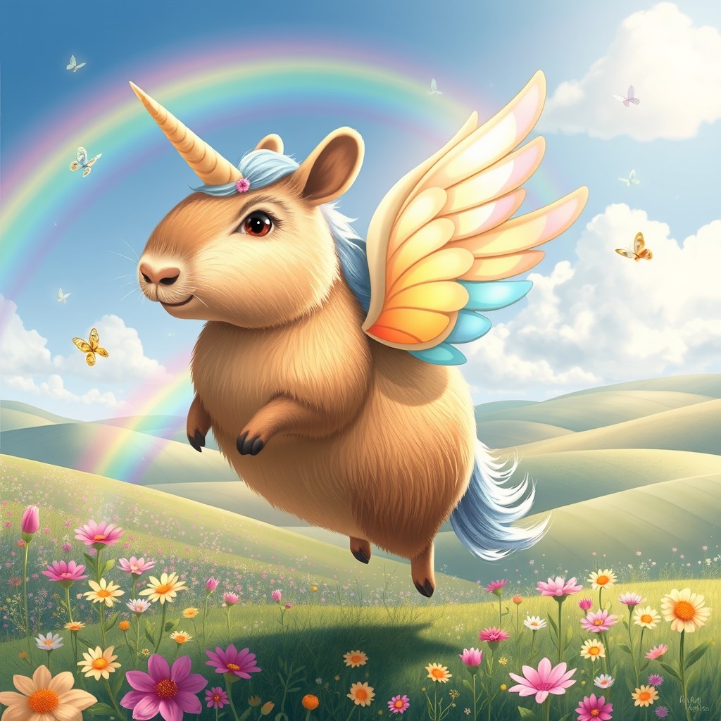 A whimsical capybara adorned with majestic unicorn wings, gracefully soaring through a magical landscape filled with vibrant flowers and sparkling rainbows
